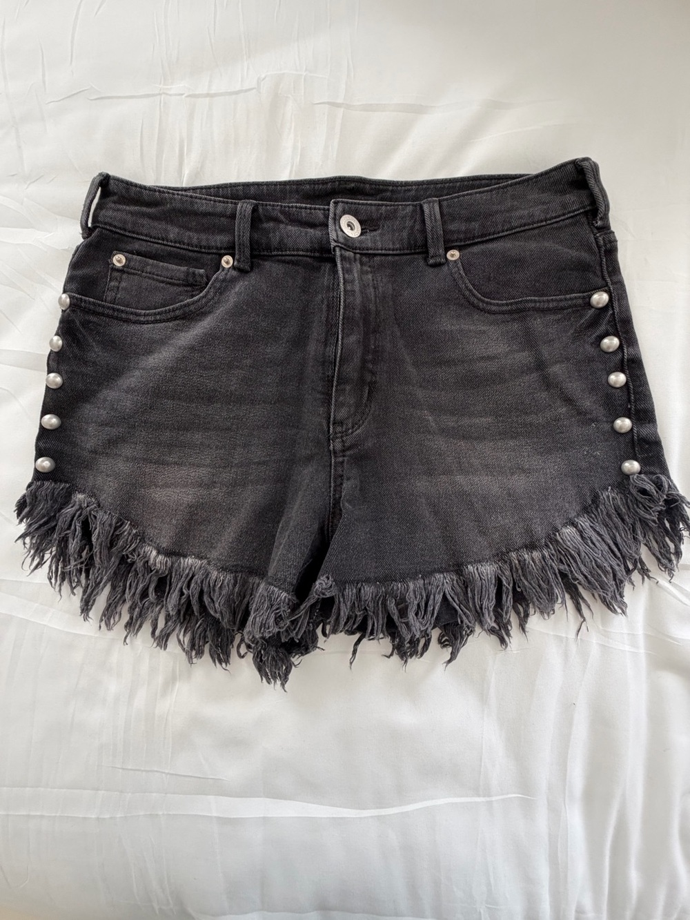 INC Black Fringed Denim Shorts with Stud Detail